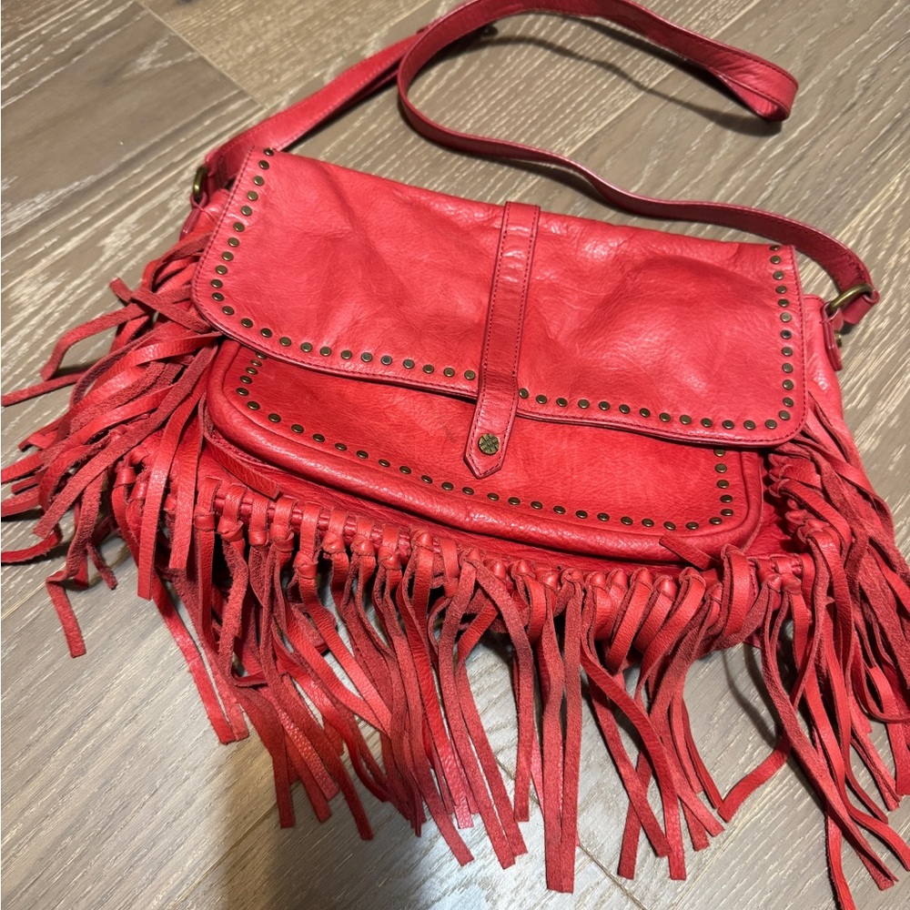 Joelle Hawkens Red Fringe Leather Shoulder Bag